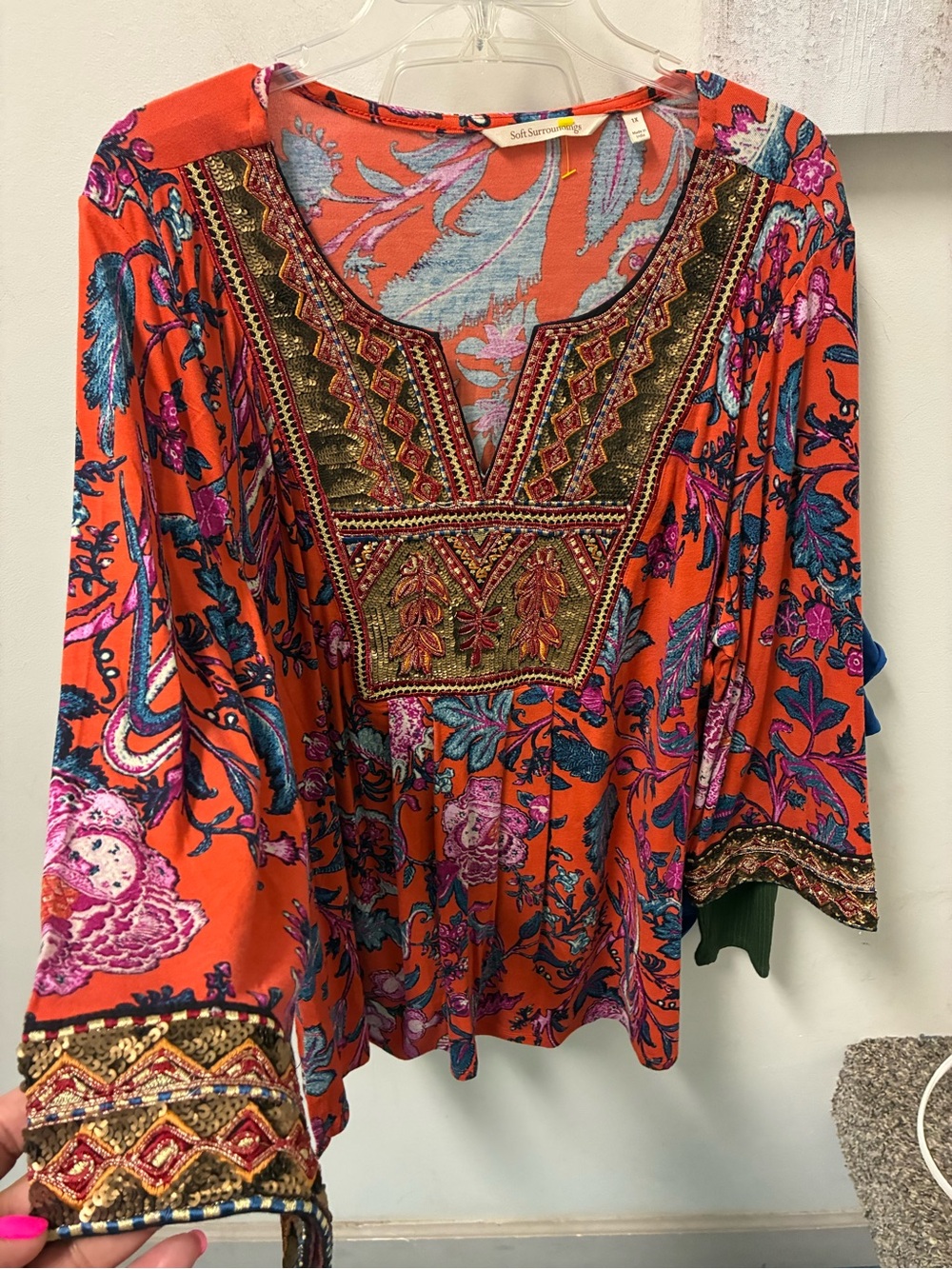 Soft Surroundings Orange Floral Embroidered Boho Tunic